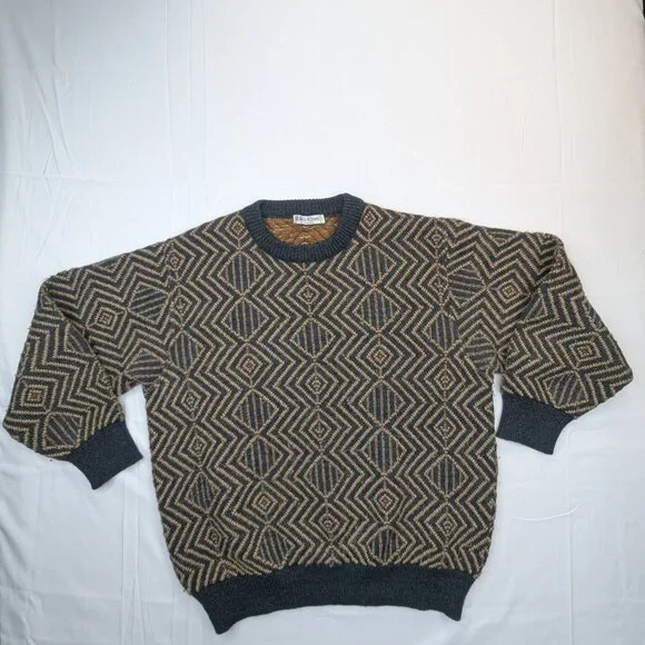 Vintage Bullock & Jones Alpaca Sweater XL Tan Black Geometric Made in Italy - Picture 4 of 9